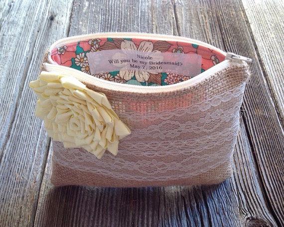Hochzeit - Personalized Bridesmaid Clutch, Bridesmaid Gift Idea, Yellow Wedding Bag, Burlap and Lace Purse, Spring Wedding, Maid of Honor Gift