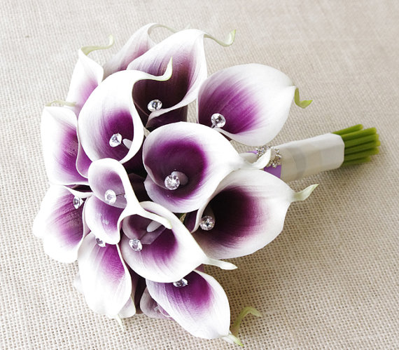 Hochzeit - Silk Flower Wedding Bouquet - Purple Heart Calla Lilies Natural Touch with Crystals Silk Bridal Bouquet