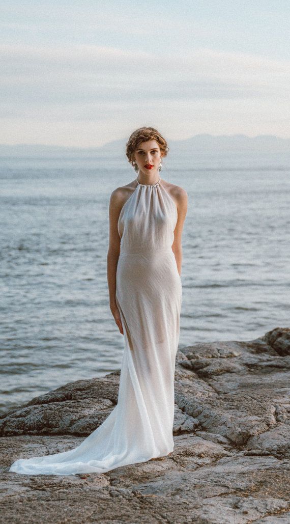 Mariage - Elegant Backless Wedding Dress In Ivory Cotton, Open Back, Low Back, Boho Bride, Halter Dress, Unique Wedding Dress By Elika Designs