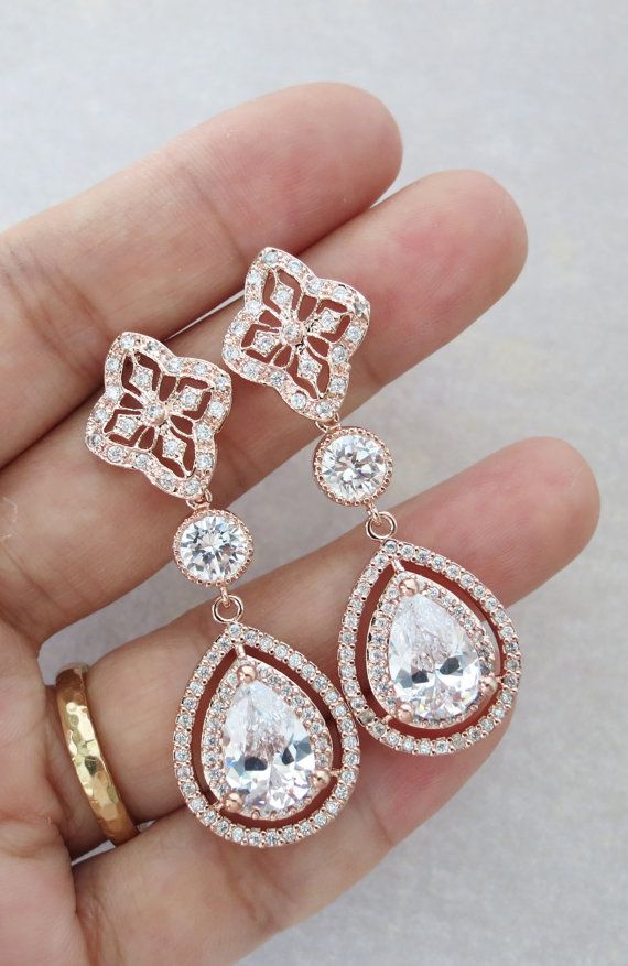 Wedding - Rose Gold Teardrop Deluxe Cubic Zirconia Teardrop Earring - Vintage Halo Style Earrings, Bridal Gifts, Drop, Dangle, Pink Rose Gold Weddings