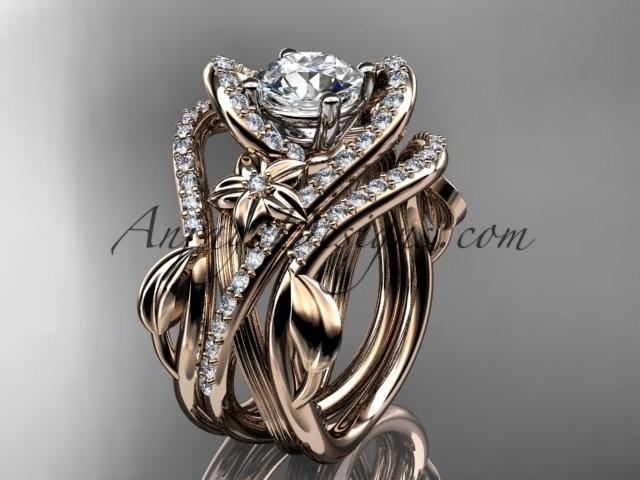 زفاف - 14kt rose gold diamond leaf and vine engagement ring with double matching band ADLR369S