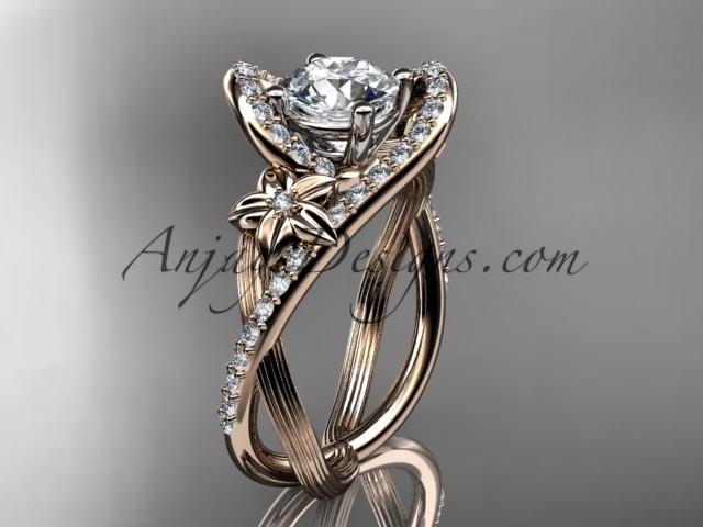 Mariage - 14k rose gold leaf and flower diamond unique engagement ring, wedding ring ADLR369