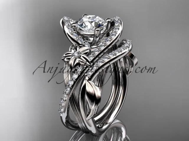 زفاف - platinum leaf and flower diamond unique engagement set, wedding ring with a "Forever Brilliant" Moissanite center stone ADLR369S