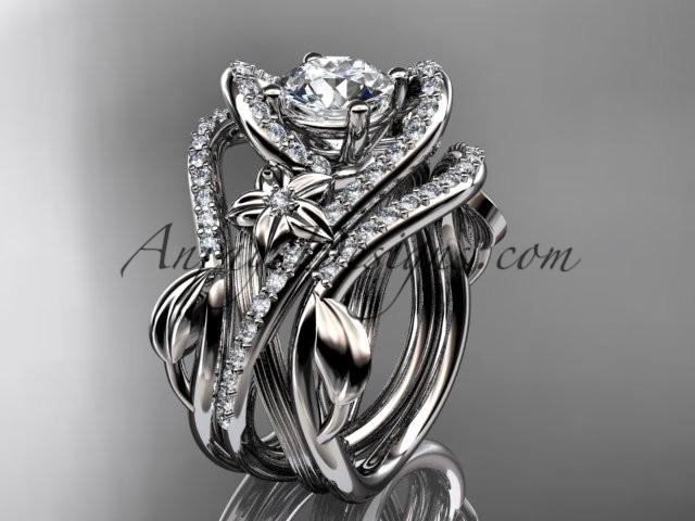 زفاف - 14kt white gold diamond leaf and vine engagement ring with "Forever Brilliant" Moissanite center stone and double matching band ADLR369S