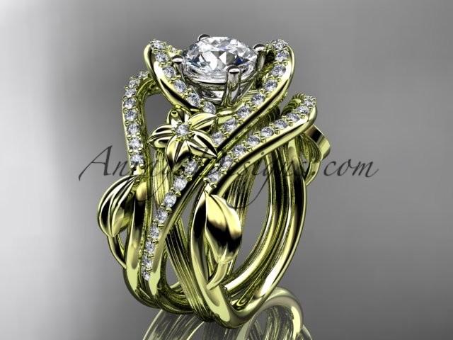 Hochzeit - 14kt yellow gold diamond leaf and vine engagement ring with "Forever Brilliant" Moissanite center stone and double matching band ADLR369S