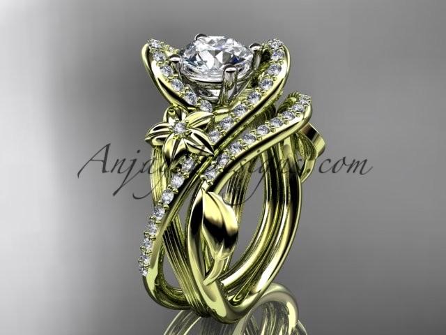 زفاف - 14k yellow gold leaf and flower diamond unique engagement set, wedding ring with a "Forever Brilliant" Moissanite center stone ADLR369S