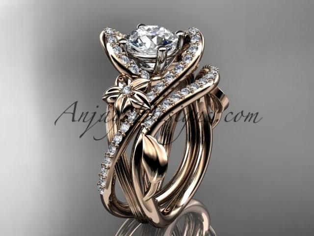 زفاف - 14k rose gold leaf and flower diamond unique engagement set, wedding ring with a "Forever Brilliant" Moissanite center stone ADLR369S