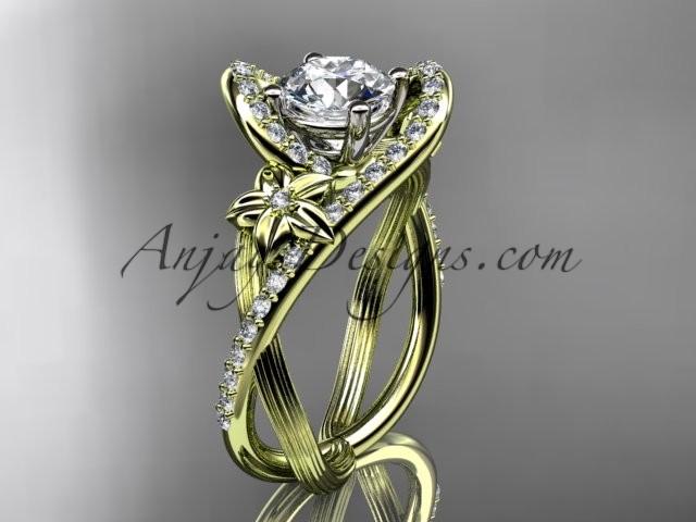 زفاف - 14k yellow gold leaf and flower diamond unique engagement ring, wedding ring with a "Forever Brilliant" Moissanite center stone ADLR369