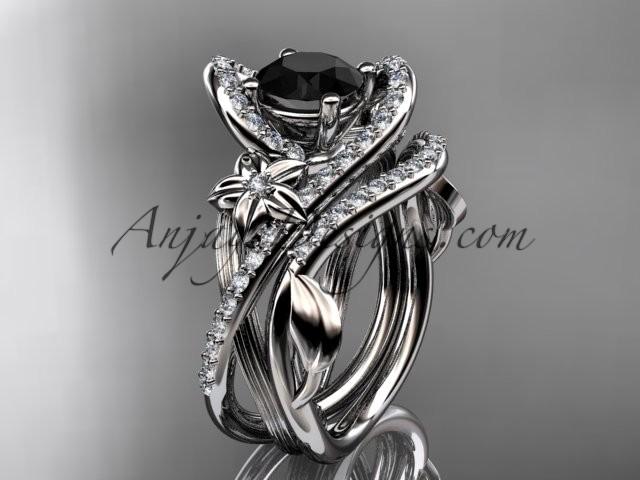 زفاف - 14k white gold leaf and flower diamond unique engagement set, wedding ring with a Black Diamonde center stone ADLR369S