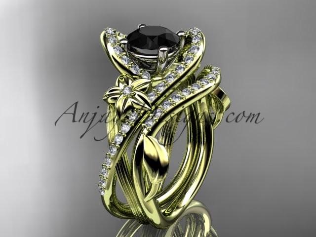 زفاف - 14k yellow gold leaf and flower diamond unique engagement set, wedding ring with a Black Diamonde center stone ADLR369S