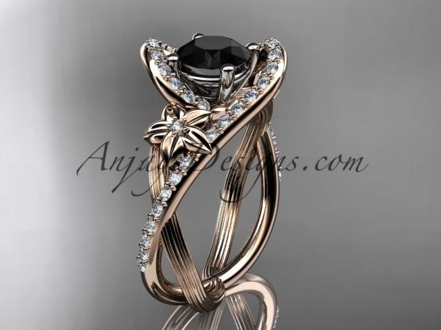 زفاف - 14k rose gold leaf and flower diamond unique engagement ring, wedding ring with a Black Diamonde center stone ADLR369