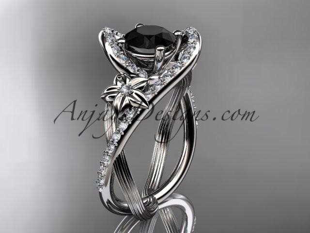 Hochzeit - platinum leaf and flower diamond unique engagement ring, wedding ring with a Black Diamonde center stone ADLR369