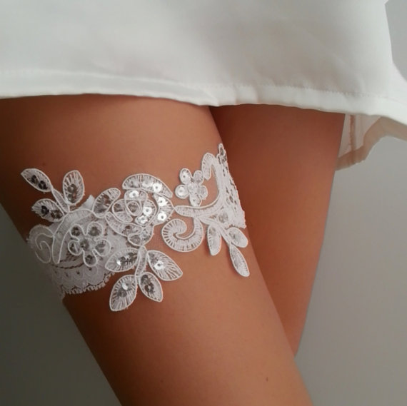 Mariage - White scaled sequined garter lace garter beaded modern garter Lolita prom bridesmaid bridal garter burlesque garter free ship