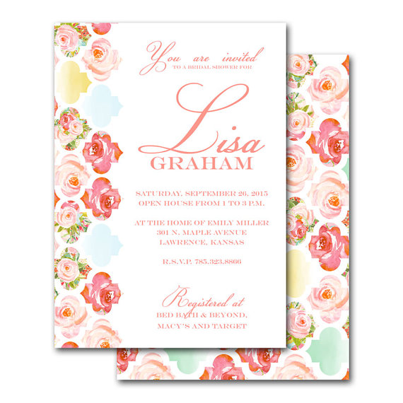 Wedding - Bridal shower invitation, pink and red roses, Moroccan tile pattern, wedding, baby shower invite, printable digital DIY