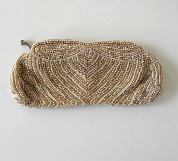 Hochzeit - Antique Beaded Pearl Clutch, Woman's accessory, Retro, Wedding, Attached carry strap, gift idea