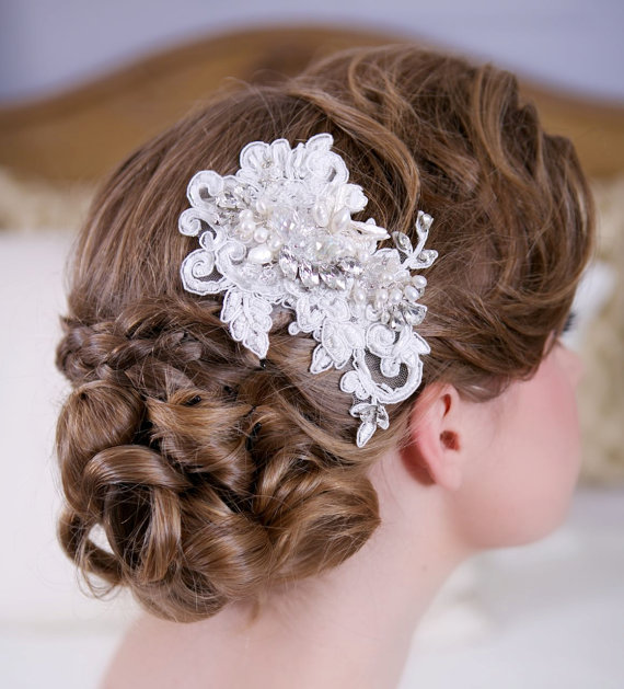 زفاف - Crystal Lace Headpiece, Wedding Headpiece, Ivory Lace Pearl Crystal Bridal Hair Accessory, Lace Bridal Comb, STYLE 120 - Silver or Gold