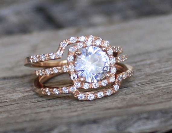 Hochzeit - SET - 3 Ring White Sapphire Cushion Halo Diamond Engagement  in 14K Rose Gold