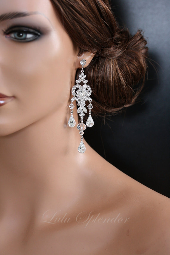 Wedding - Chandelier Wedding Earrings Swarovski Crystal Bridal Earrings Long Vintage Style Art Deco Rhinestone Earrings  CHLOE EARRINGS