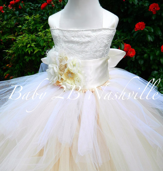 Mariage - Wedding Flower Girl  Dress in Ivory Satin and lace with Chiffon Flower Sash Tutu Dress  All Sizes Girls