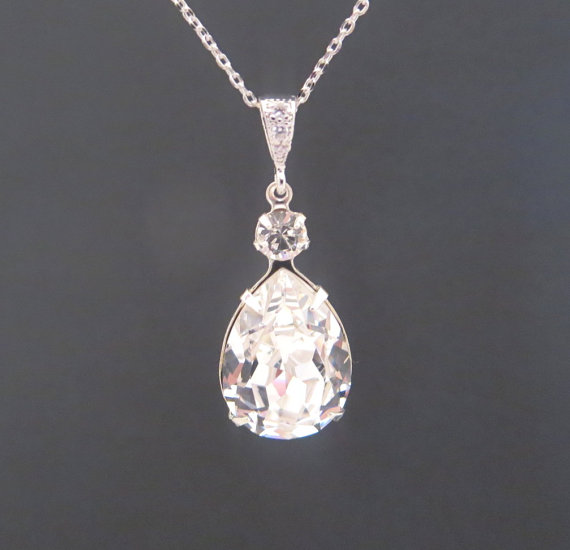 زفاف - Crystal Wedding necklace, Swarovski Bridal necklace, Wedding jewelry, Crystal Pendant necklace, Rhinestone necklace, Sterling silver