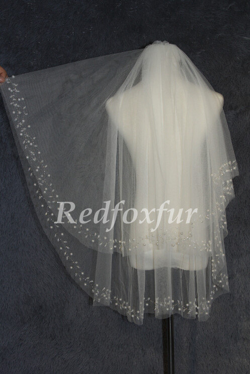 زفاف - 2T fingertip veil, white ivory veil, wearing handmade pearl veil + comb wedding headpiece