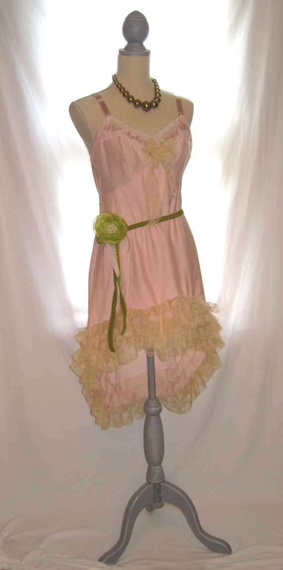 زفاف - Dusty rose color cotton slip dress for women, mori girl ,fishtail lace embellished thin strap high fashion wedding lace bow slip dress
