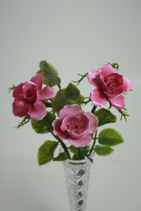 Wedding - Vintage Porcelain Bone China Flower Pink Rose Stem Bouquet - Set of 3