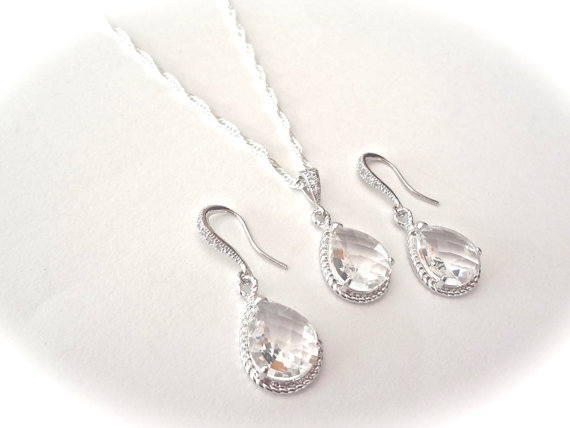 Wedding - Sterling Silver Necklace and Earring Set - Clear - Bridal jewelry - Beautiful braided teardrops - Brides Jewelry set - Bridesmaids gift -