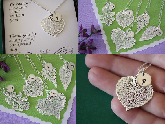 زفاف - 5 Silver Leaf Personalized Bridesmaid Necklaces, Bridesmaid Gifts, Real Leaf, Thank You Card, Initial Jewelry, Sterling Silver Charm