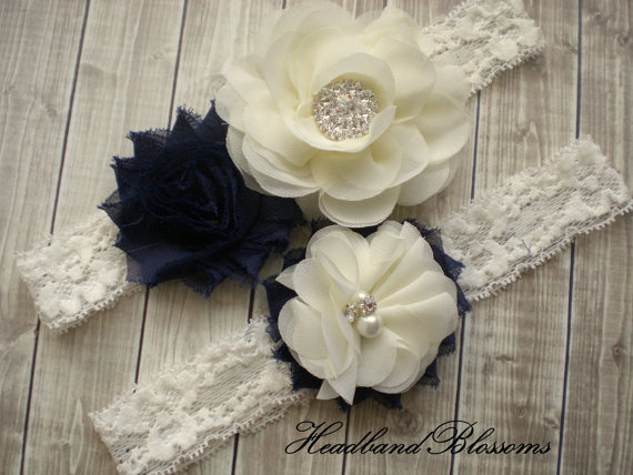 Свадьба - Beautiful NAVY BLUE Bridal Garter Set - Ivory Keepsake & Toss Wedding Garter - Chiffon Flower Rhinestone Lace Garters - Vintage Lace Garter