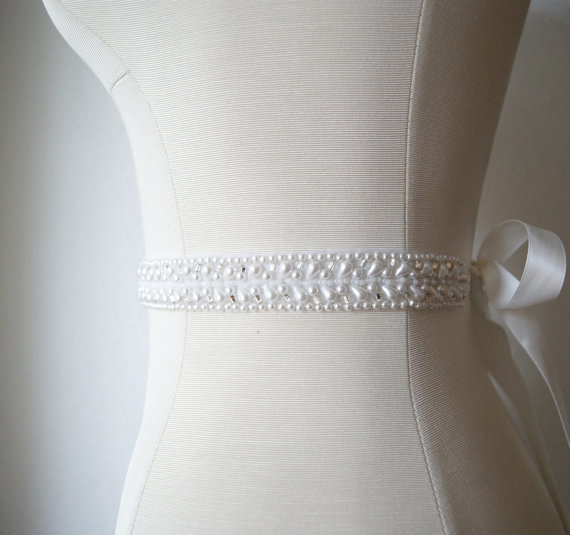 Свадьба - Thin Pearl Bridal Sash in Ivory Pearl CLASSIC PEARL Wedding Belt