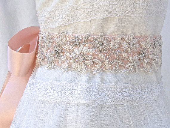 Hochzeit - Beaded Bridal Sash, Wedding Sash in Peachy Pink With Crystals and Pearls, Rhinestones, Bridal Belt, Wedding Dress Sash, Color Choices