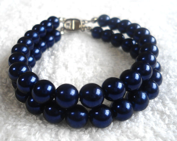 Mariage - Navy Blue Pearl Bracelet,2 Strands Pearl Bracelet,,Wedding Jewelry,Pearl Jewelry,Bridesmaid Bracelet,Glass Pearl Bracelet,