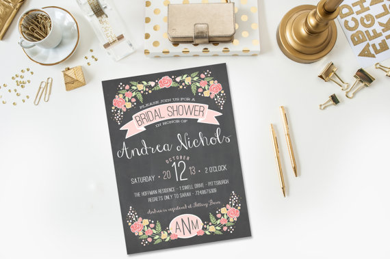 Wedding - Pretty & Feminine Chalkboard Floral Pink Monogram Rustic Shabby Chic DIY Printable Baby or Bridal Shower Invitation 5x7 format - custom text