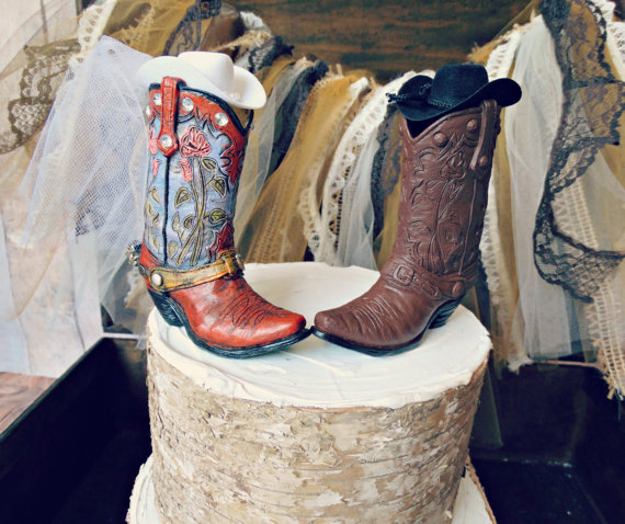 Wedding - Custom his and hers cowboy boots wedding cake topper-groom's cake-wedding cake topper-rustic wedding-barn wedding-hunting-western wedding