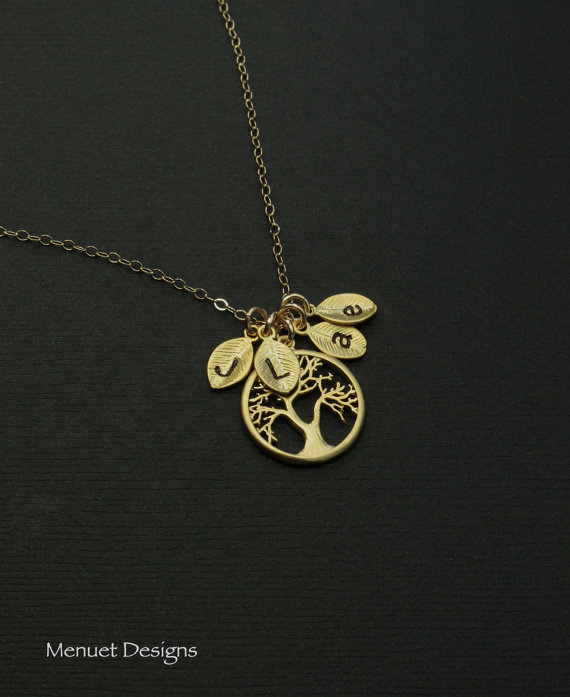 زفاف - Gold Tree of Life Necklace, Personalized Jewelry, Mother Necklace, Gift for Her, Leaf Pendant, Initials 1~8 leaves, Bridal Necklace