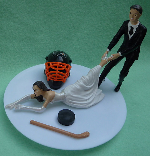 Hochzeit - Wedding Cake Topper Philadelphia Flyers G Hockey Themed w/ Bridal Garter Humorous Philly Sports Fans Funny Bride Groom Puck Stick Unique Top