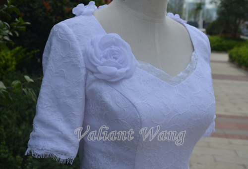 Wedding - Vintage White Lace Wedding Dress Chiffon Wedding Gown Short Sleeves With Flower