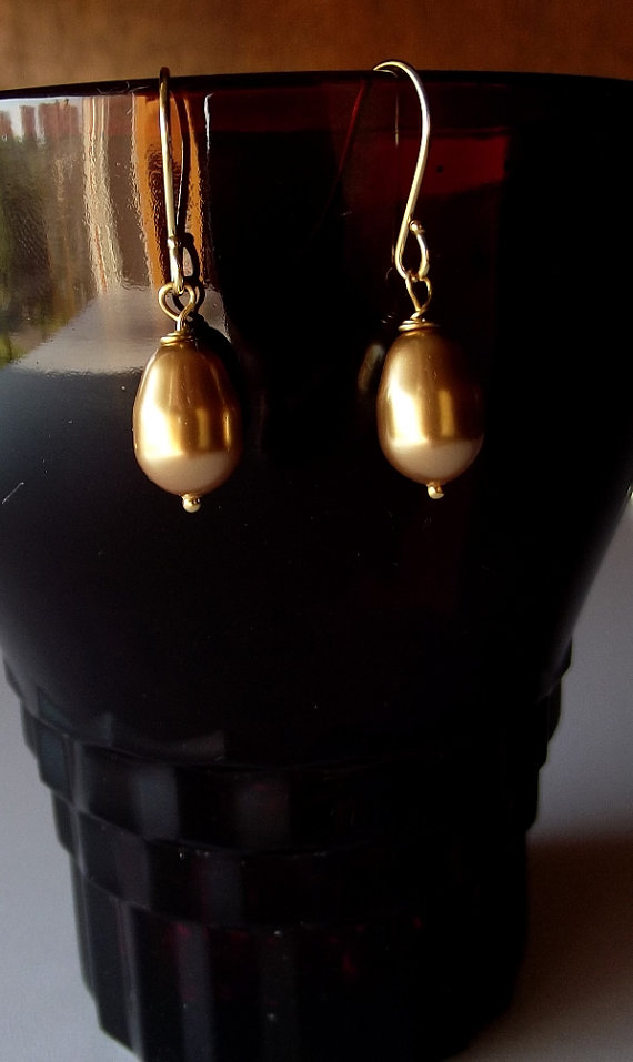 Wedding - Swarovski Vintage Gold Pearl Drop Earrings, Wedding Jewelry, Bridesmaid Earrings, Valentines Day Mothers Day Gift