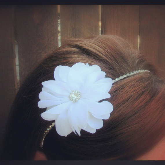 Wedding - White Bridal Flower Fascinator Headband,Wedding Chiffon Flower Hair Piece,Rhinestone Head Band,Crystal Floral Band,Flower Girl Bling,Baptism