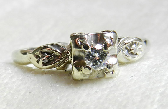 Wedding - Antique Engagement Ring, 14K White Gold Diamond Engagement Ring Orange Blossom Engagement Ring 14K