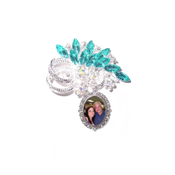 زفاف - Memorial Brooch or Wedding Bouquet Photo Silver Aqua Blue Iridescent Crystals - FREE SHIPPING