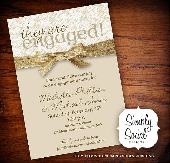 Свадьба - Lace Chic Creme and Gold Glitter Ribbon Engagement Party Invitation