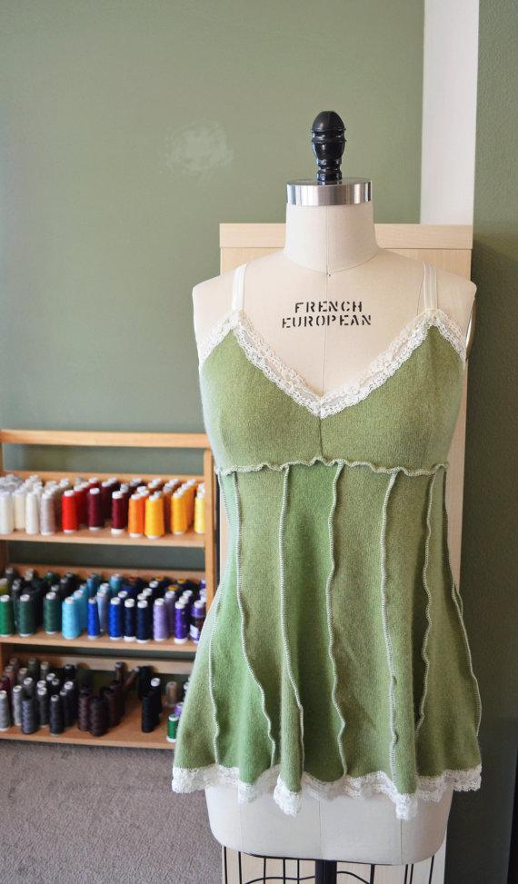 Wedding - Cashmere Luxury Lingerie Moss Green Unique Women's Babydoll Teddy Sleepwear Lounge Soft Sexy Camisole Cream Lace Upcycled OOAK