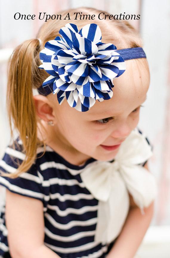 Hochzeit - Navy Blue and White Stripe Nautical Headband - Newborn Baby Hairbow - Little Girls Hair Bow - Summer or Spring Wedding Accessories