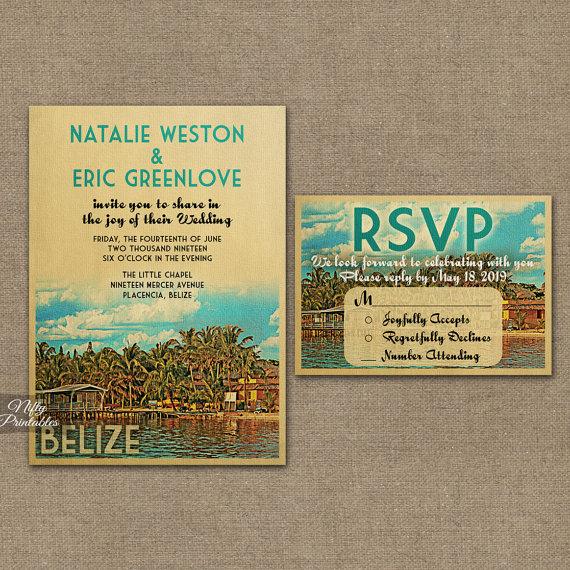 Mariage - Belize Wedding Invitation - Printable Vintage Belize Caribbean Wedding Invites - Belize Retro Resort Wedding Suite or Solo VTW