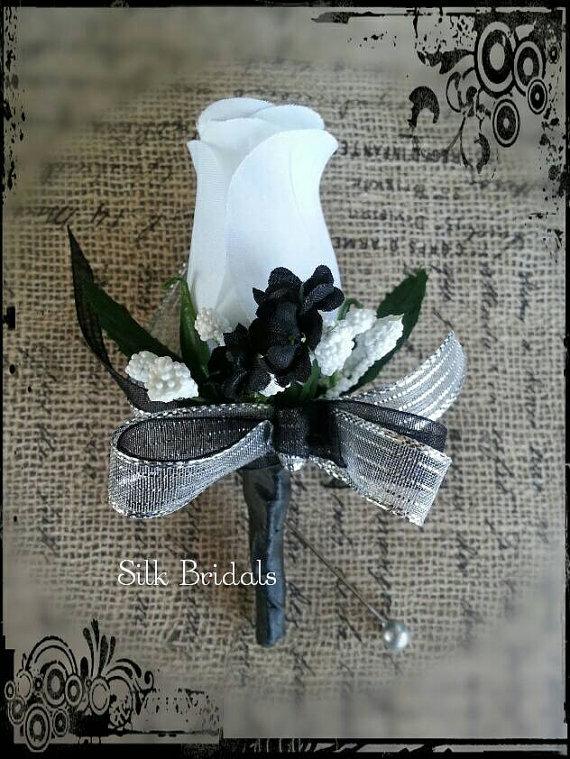 Mariage - White black silver Boutonniere rose Groom groomsman bridal silk wedding flowers best man father prom