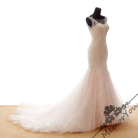 زفاف - Blush Pink Lace Wedding Dresses Beads Soft Tulle Skirt Lace-up Back Closure Mermaid Backless Bridal Gown