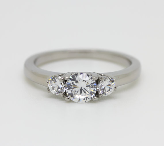 زفاف - Natural white Sapphire trilogy ring available in white gold or titanium - engagement ring - wedding ring
