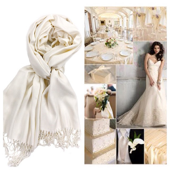 Hochzeit - Ivory pashmina scarf shawl / personalized initial shawl / bridesmaid shawl / wedding favor / spring summer wedding /